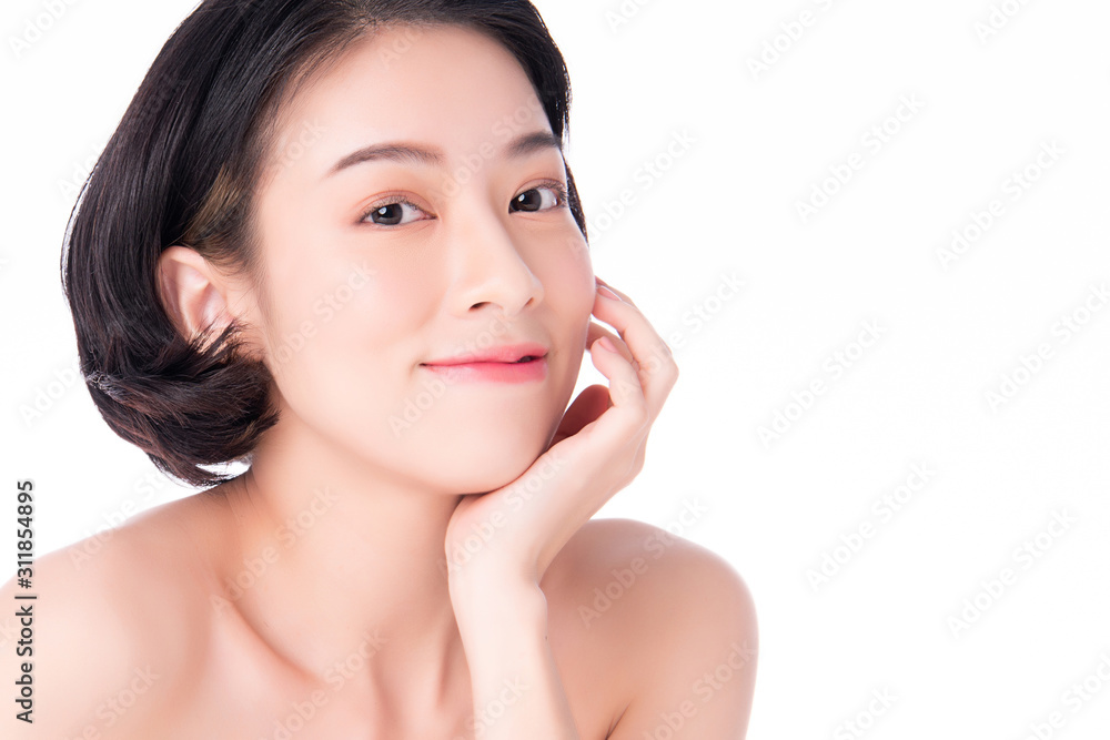 Beautiful Young Asian Woman with Clean Fresh Skin. Face care, Facial treatment, on white background, Beauty and Cosmetics Concept. Beautiful Young Asian Woman with Clean Fresh Skin. Face care, Facial treatment, on white background, Beauty and Cosmetics Concept.