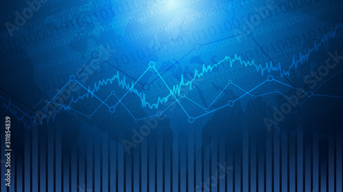 Abstract financial chart with line graph and world map in stock market on blue color background