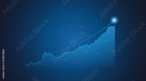 Abstract financial graph with uptrend line in stock market on blue color background