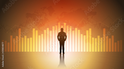 Silhouette business man standing looking financial chart and world map in stock market on orange color background