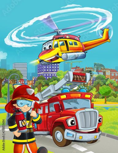 cartoon scene with fireman vehicle on the road - illustration for children