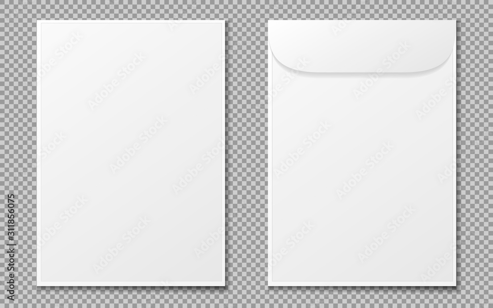 Envelope a4. Paper white blank letter envelopes for vertical document.  Vector mockup isolated on transparent background. Envelope office mockup,  paper letter mail illustration. EPS 10 Stock-Vektorgrafik | Adobe Stock