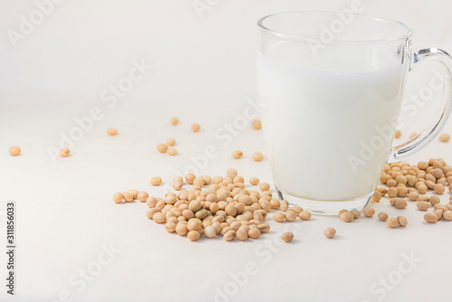 Soy and soy milk on a white background.