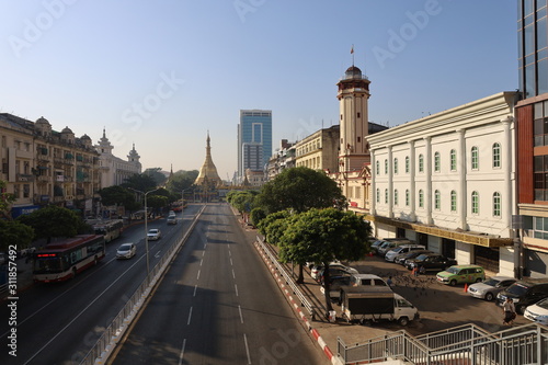 YANGON/MYANMAR - 25th Dec, 2019 : street in the city, sule pagoda, yangon photo