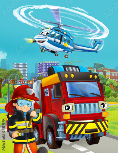 cartoon scene with fireman vehicle on the road - illustration for children