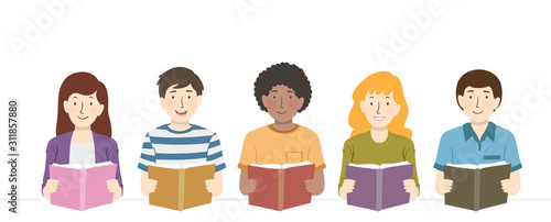 Teens Group Read Books Illu...