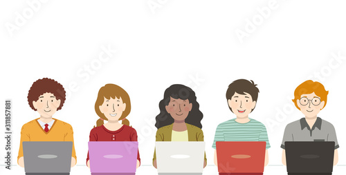 Teens Group Laptops Illustration