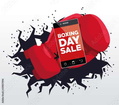 boxing day sale poster with smartphone and gloves