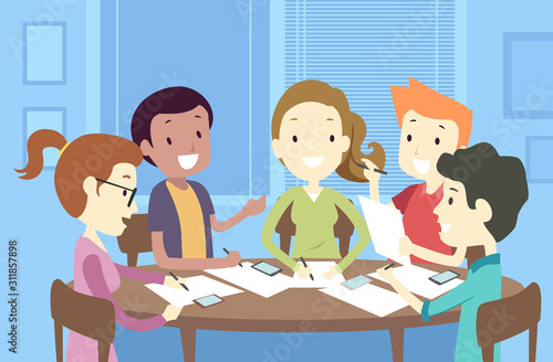 Teens Group Writing Illustration
