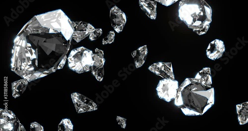 Diamonds falling on black background. Abstract background.