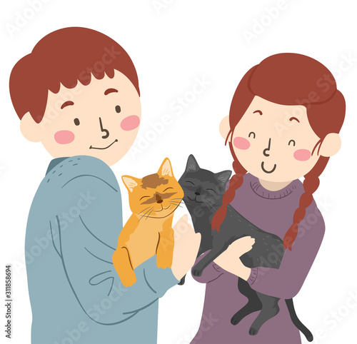 Teen Couple Cats Pets Illus...