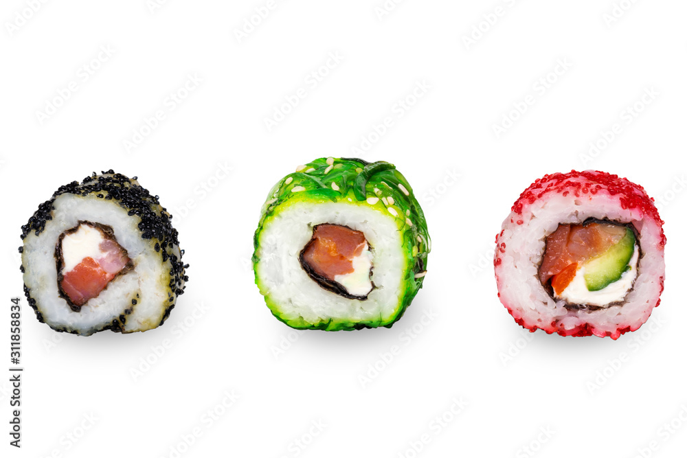 Uramaki maki sushi with chuka, red and black caviar. Three different rolls Uramaki maki sushi with chuka, red and black caviar. Three different rolls