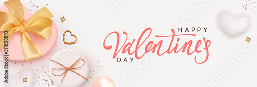 Happy Valentines Day. Romantic background design with realistic white gifts box in the shape of heart. Bright shiny confetti, metal golden heart. Holiday poster, banner, greeting card