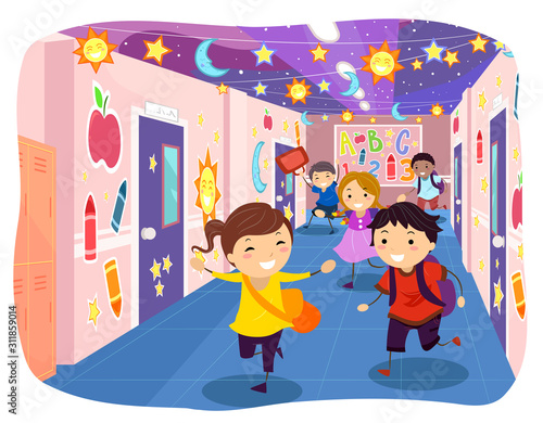 Stickman Kids School Corridor Decorated Run