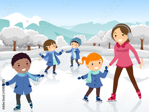 Stickman Kids Teacher Ice Skating Illustration