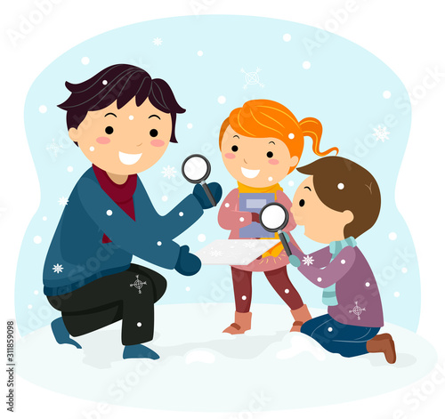 Stickman Kids Snowflakes Magnifying Glass Observe