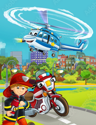 cartoon scene with fireman vehicle on the road - illustration for children