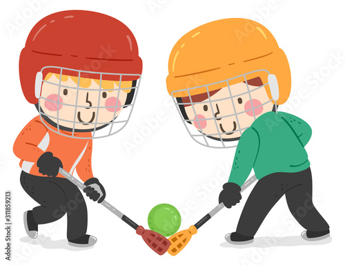 Kids Boys Play Broomball Illustration