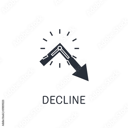 Down arrow, clock. The decline of development. Vector icon on a white background.