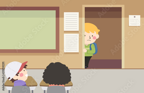 Kids Classroom Timid Kid Boy Door Illustration