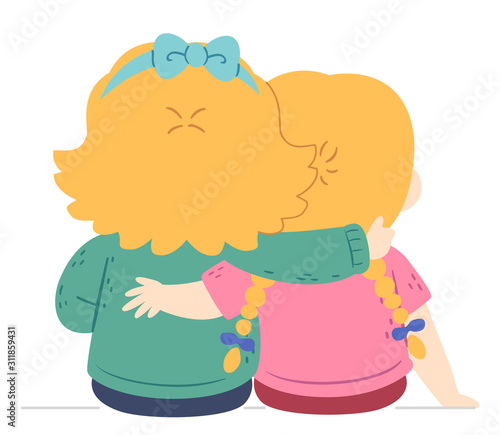 Kids Girls Siblings Arm Shoulder Illustration