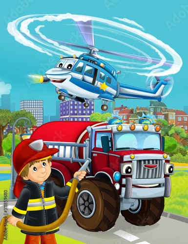 cartoon scene with fireman vehicle on the road - illustration for children