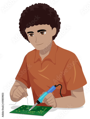 Teen Guy Black Engineering Chip Illustration