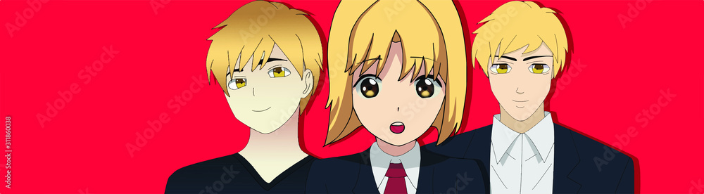 Anime Girl Vector Anime Boy and Another Cute Anime Boy All with Blonde Hair  3 Anime Characters standing confidently in front of a red background with a  Smile Stock Vector | Adobe Stock