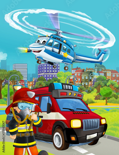 cartoon scene with fireman vehicle on the road - illustration for children