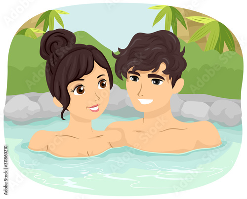 Teen Couple Onsen Bath Outdoor Illustration