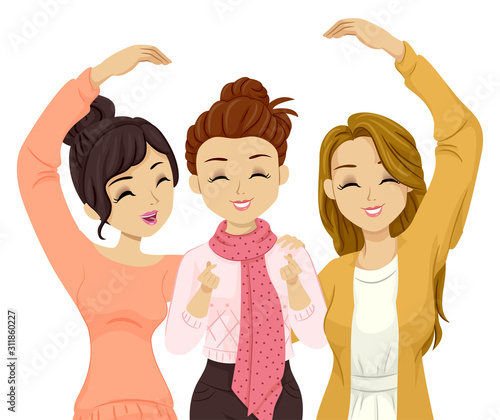 Teen Girls Friends Heart Valentines Illustration