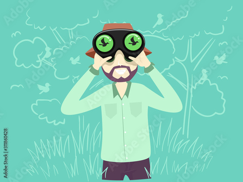 Man Hobby Bird Watching Illustration
