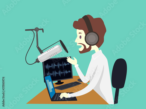 Man Hobby Podcasting Laptop Mic Illustration