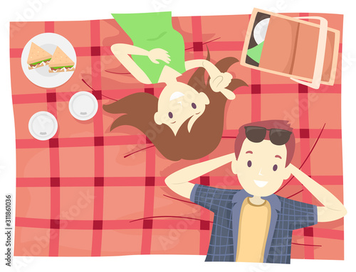 Couple Picnic Cloth Relax Top View Illustration