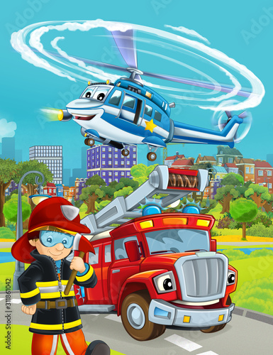 cartoon scene with fireman vehicle on the road - illustration for children