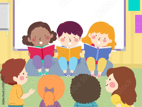 Kids Read Books Aloud Storytelling Illustration