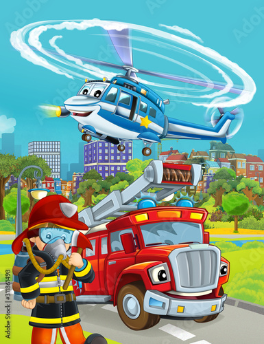 cartoon scene with fireman vehicle on the road - illustration for children