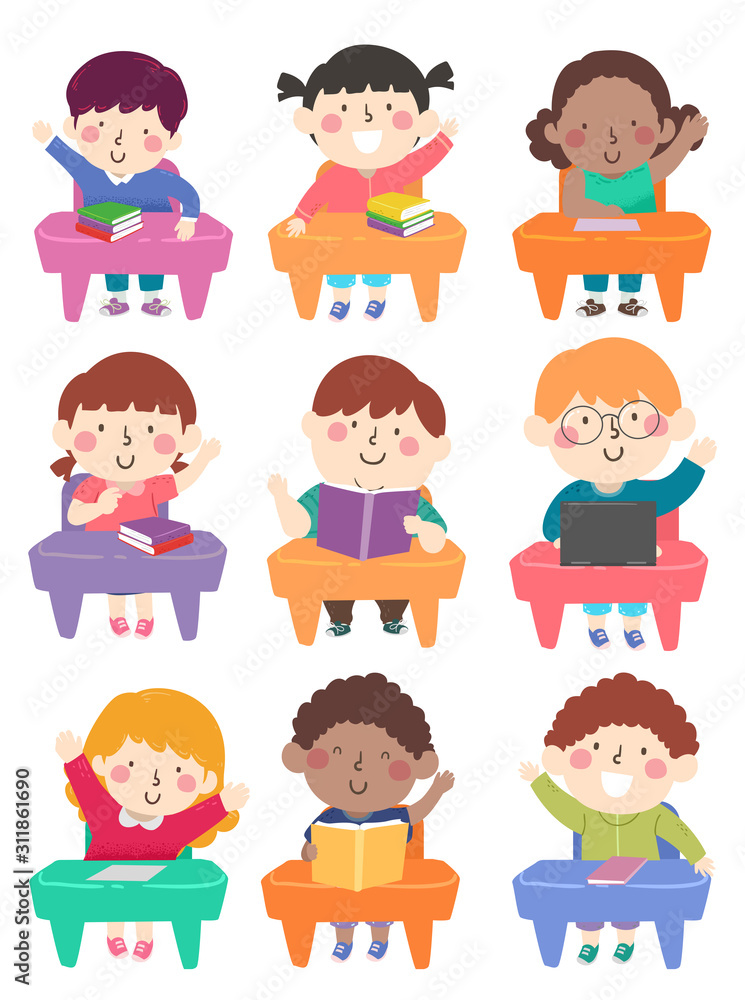 Kids Students Class Seats Raise Hands Illustration