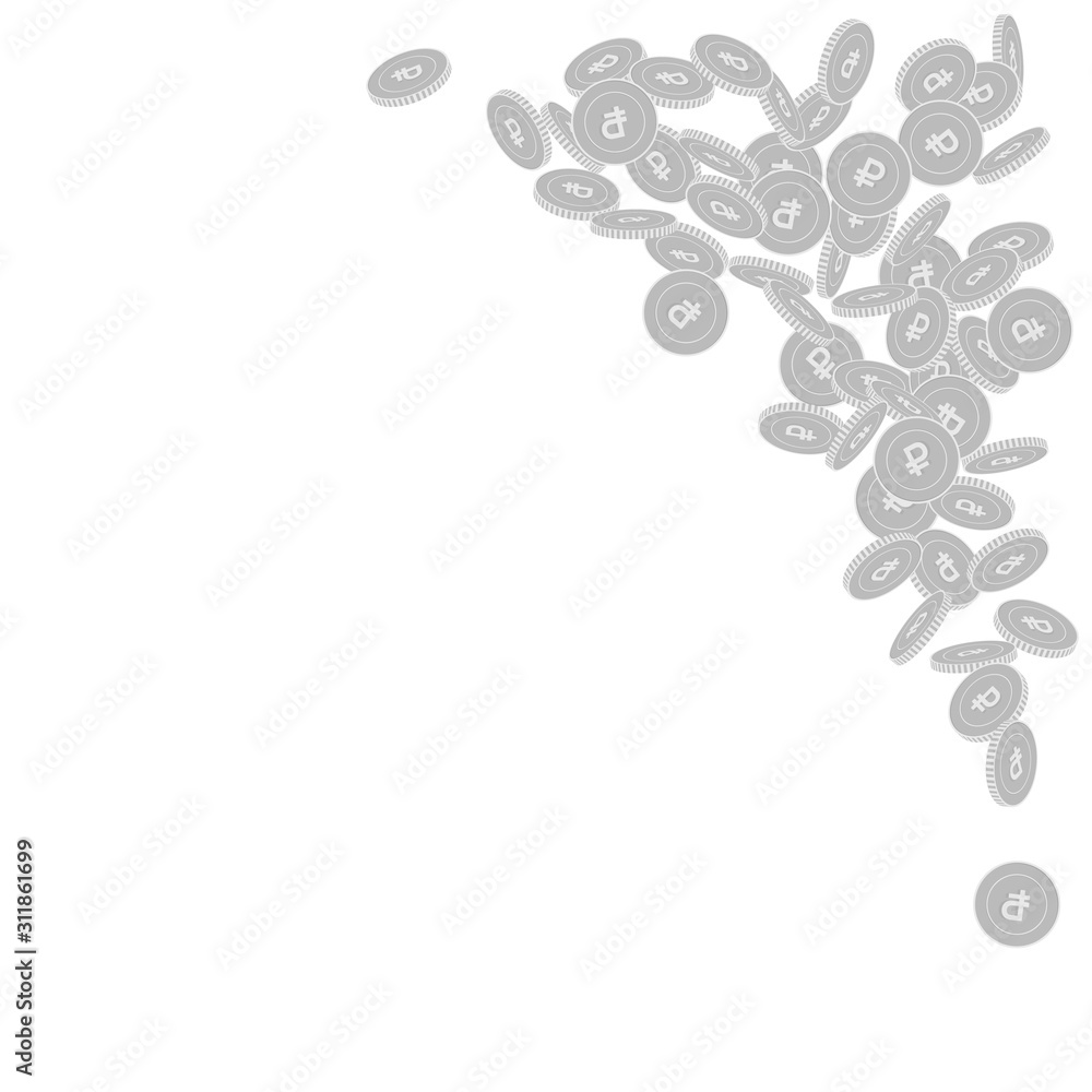 Russian ruble coins falling. Scattered black and w Russian ruble coins falling. Scattered black and w