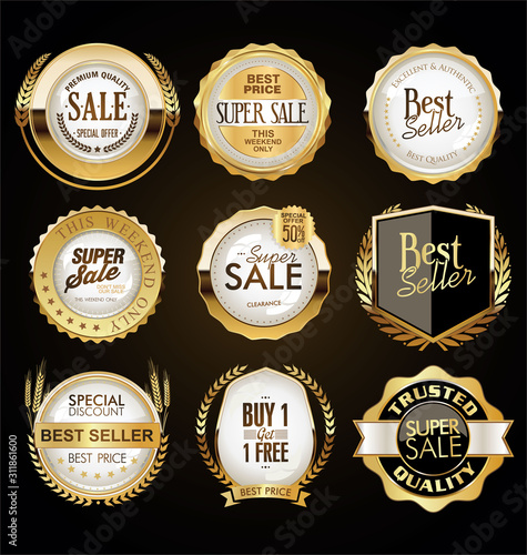 A golden collection of various badges and labels