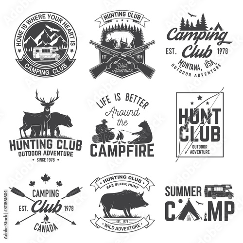 Set of hunting club and hiking club badge. Vector. Concept for shirt, logo, print, stamp. Vintage design with rv trailer, camping tent, boar, deer and forest silhouette