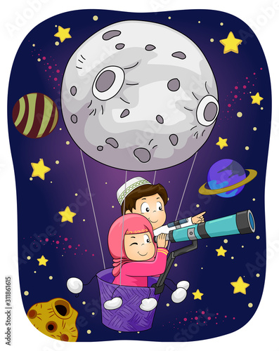 Kids Muslim Moon Space Telescope Illustration