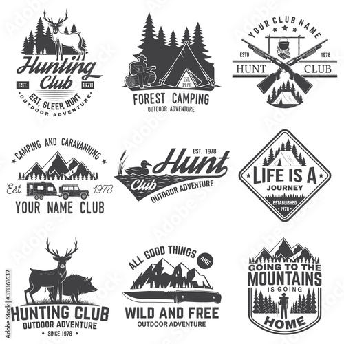 Set of hunting club and hiking club badge. Vector. Concept for shirt, logo, print, stamp. Vintage design with rv trailer, camping tent, boar, deer and forest silhouette
