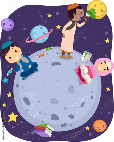 Stickman Kids Muslim Outer Space Illustration