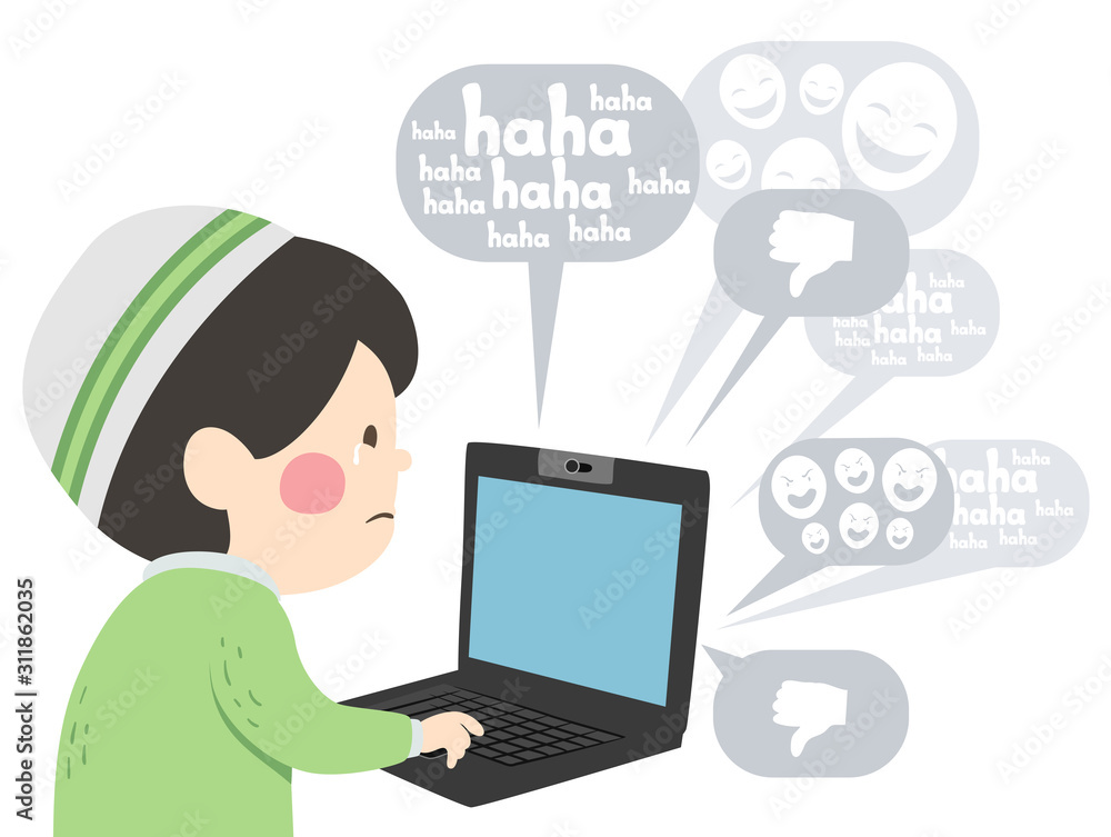 Kid Boy Muslim Cyber Bully Laptop Illustration Kid Boy Muslim Cyber Bully Laptop Illustration