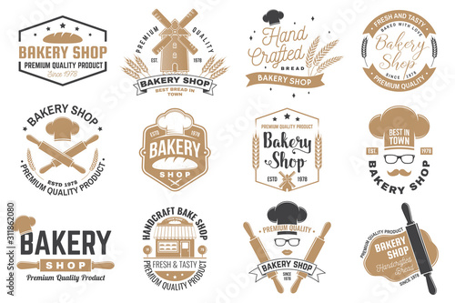 Set of Bakery shop badge. Vector Concept for badge, shirt, label, print, stamp, tee. Design with windmill, rolling pin, dough, wheat ears silhouette. For restaurant identity objects, packaging, menu