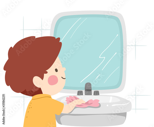 Kid Boy Wiping Bathroom Counter Illustration