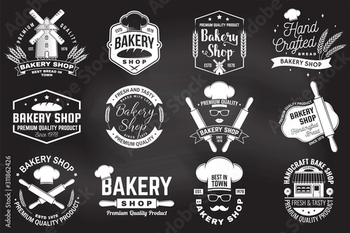 Set of Bakery shop badge on the chalkboard. Concept for badge, shirt, label, stamp. Design with windmill, rolling pin, dough, wheat ears silhouette. For restaurant identity, packaging menu