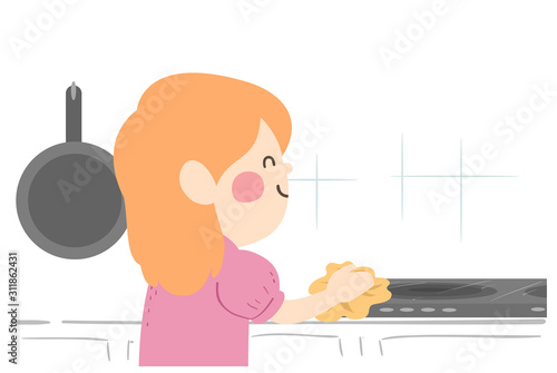 Kid Girl Wiping Kitchen Counter Illustration