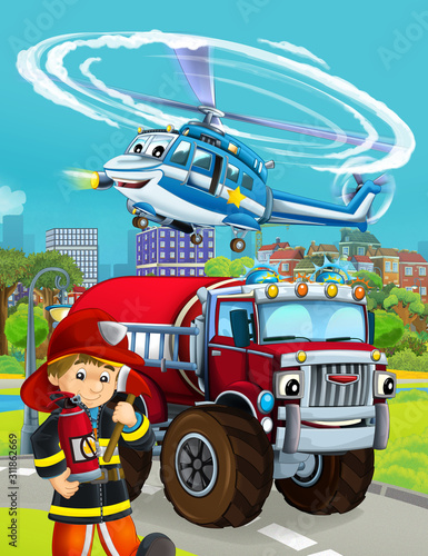 cartoon scene with fireman vehicle on the road - illustration for children